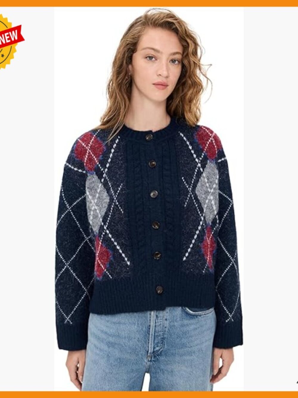 Mid-Weight Argyle Cardigan with Cable Trim, Stretch Knit